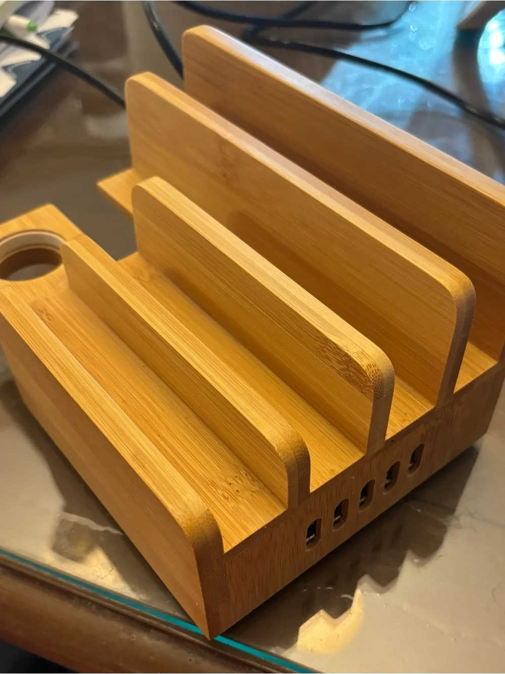 Bamboo organizer charging station with Apple Watch holder and 5 usb ports.